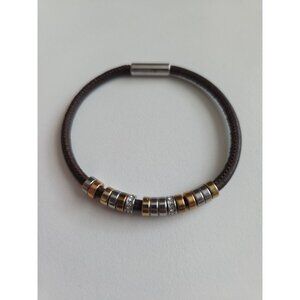 Women's FOSSIL Leather Steel Multi Color Diamond Charms Magnetic Bracelet 7.5 in